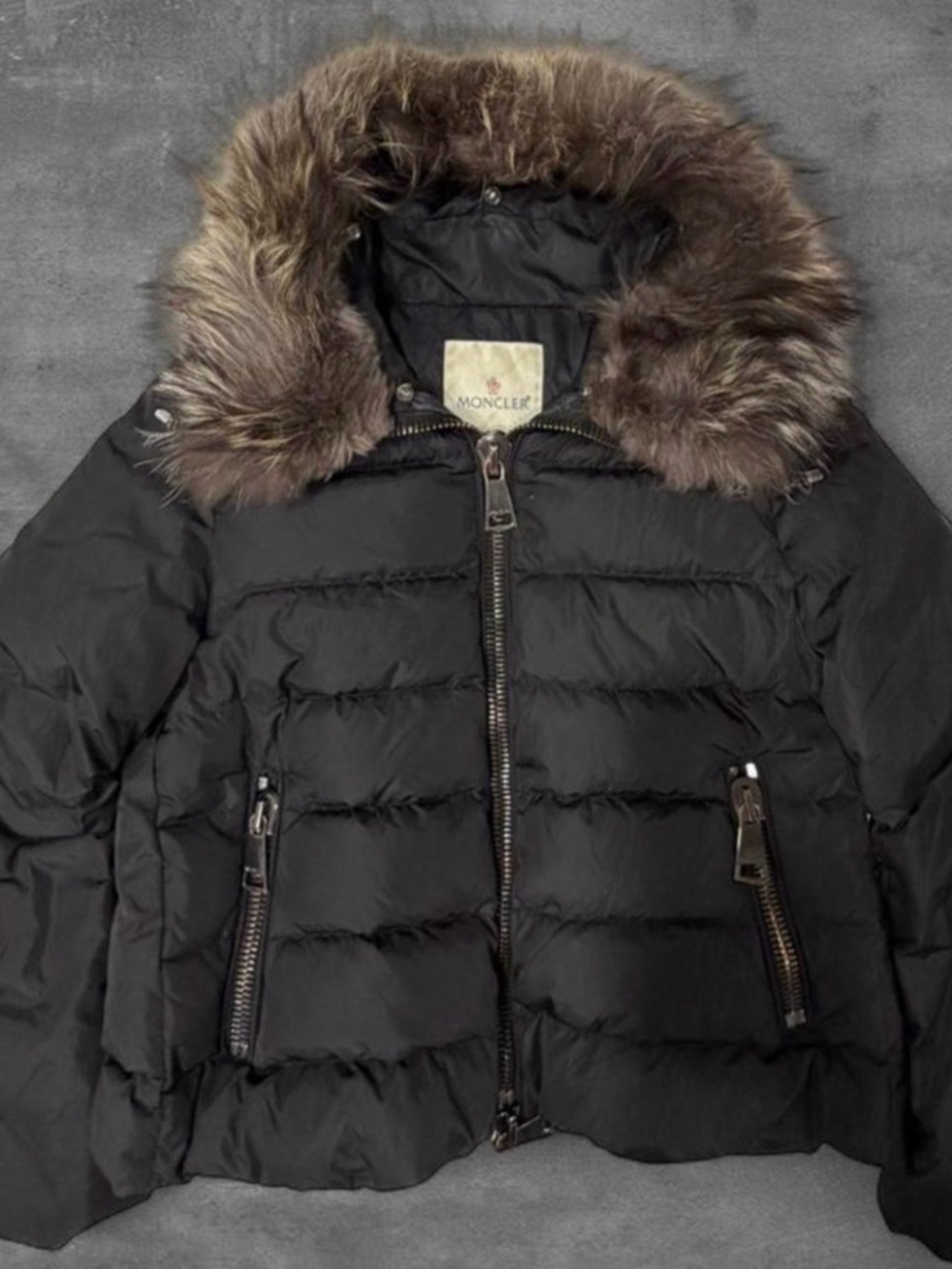 Moncler Black Quilted Down Puffer Jacket with Fur-Trim Hood